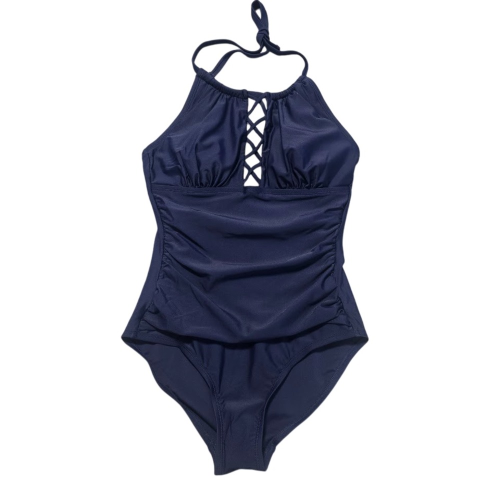 Firpearl One Piece Swimsuit Women Size 8 Navy Blue Ruched Tummy Control Nautical